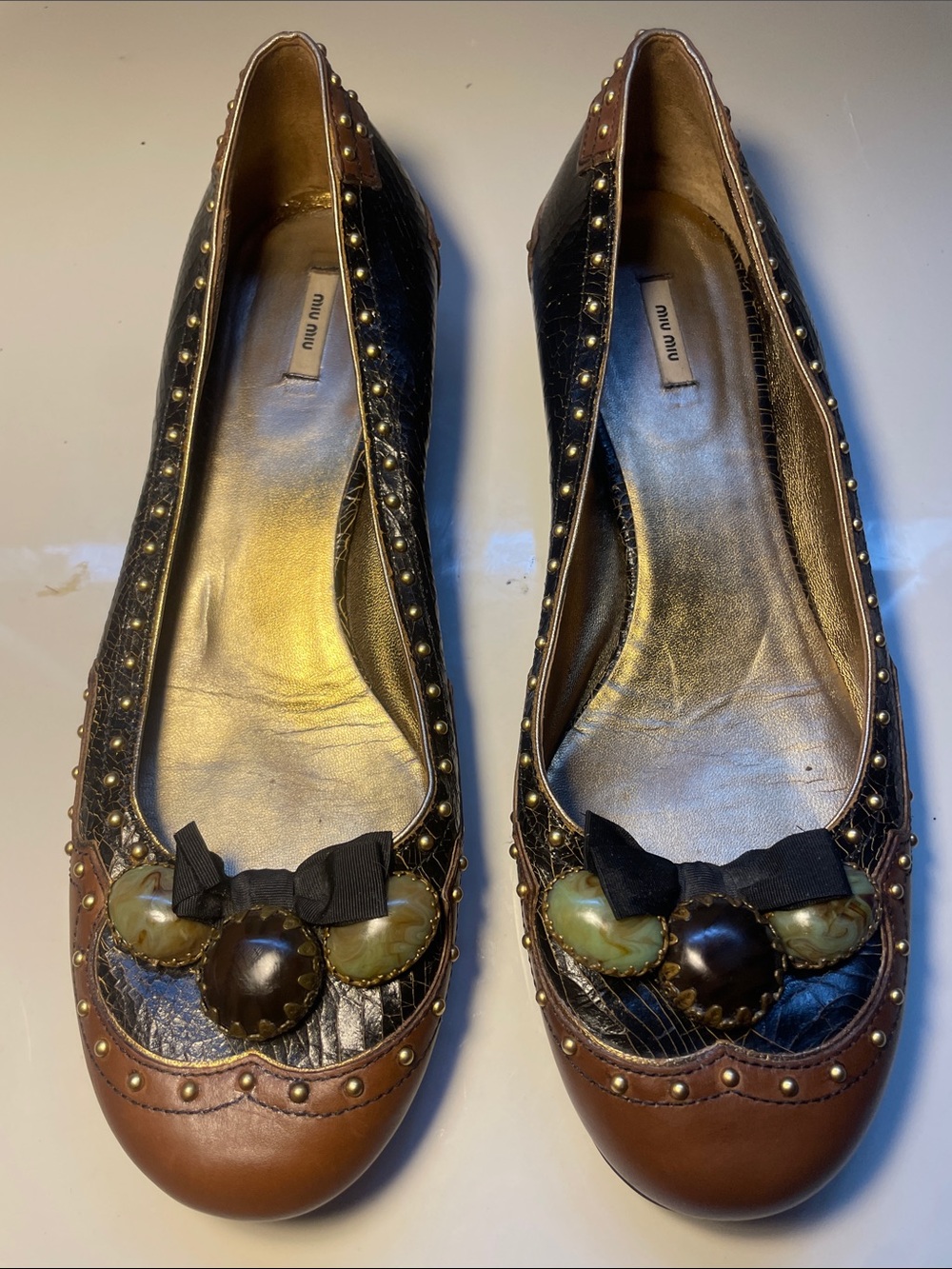 Miu Miu Black & Brown Leather Studded Bow Ballet Flats